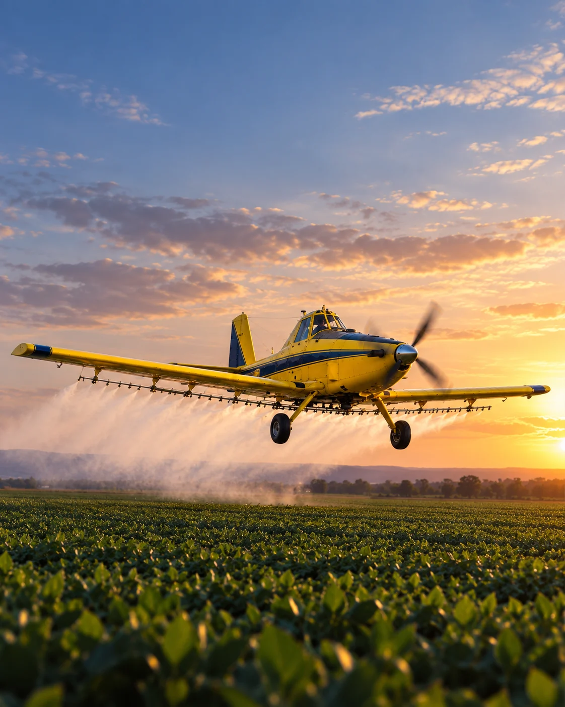 Avión Air Tractor fumigando un campo al atardecer
