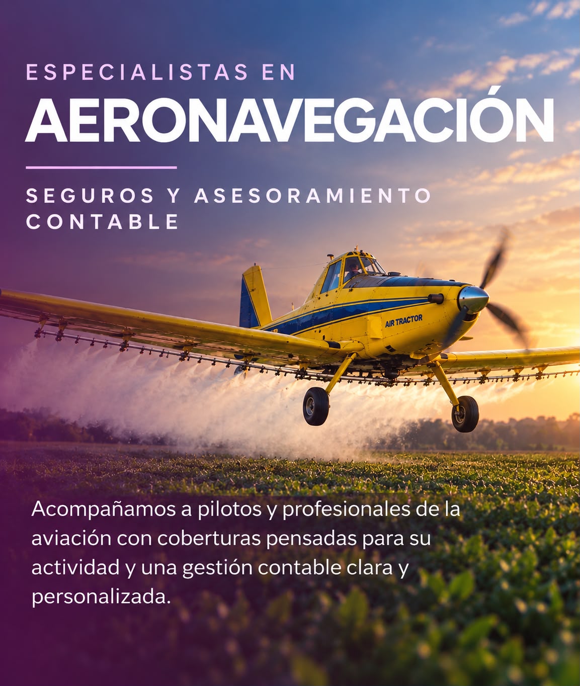 Especialistas en aeronavegación: seguros y asesoramiento contable. Acompañamos a pilotos y profesionales de la aviación con coberturas pensadas para su actividad y una gestión contable clara y personalizada.